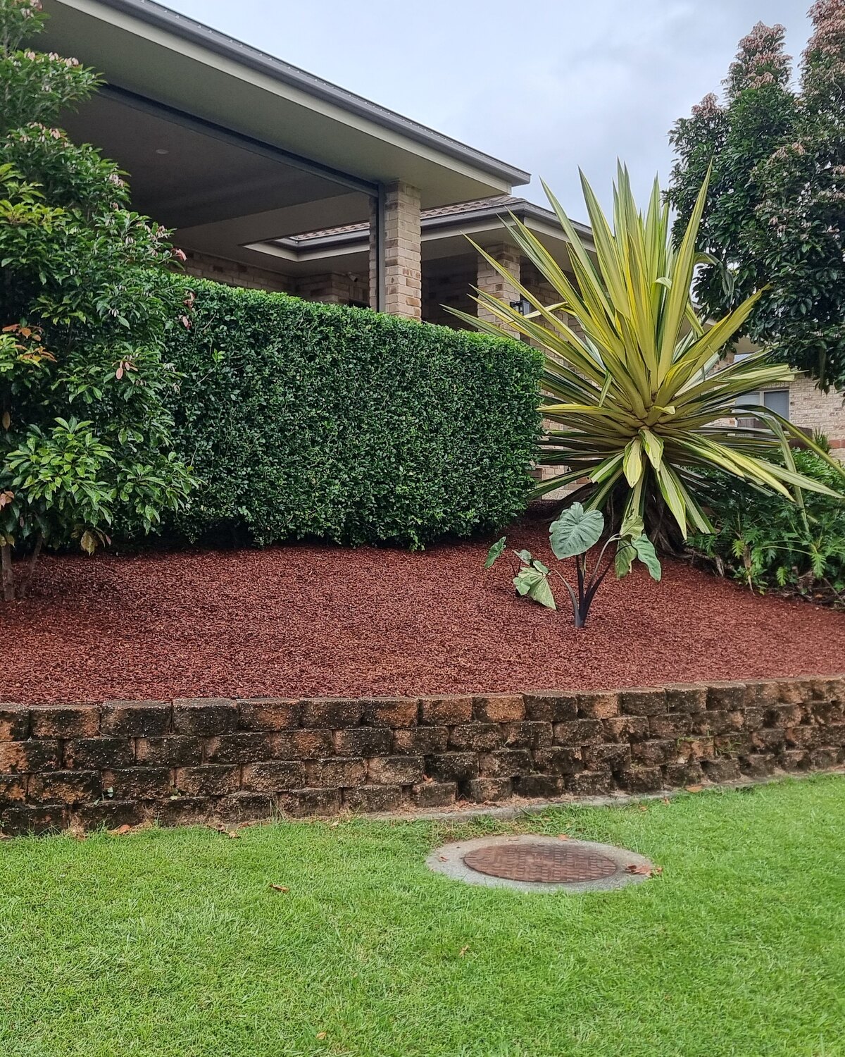 Trimmed hedges, mulched garden beds and lawn beside a property