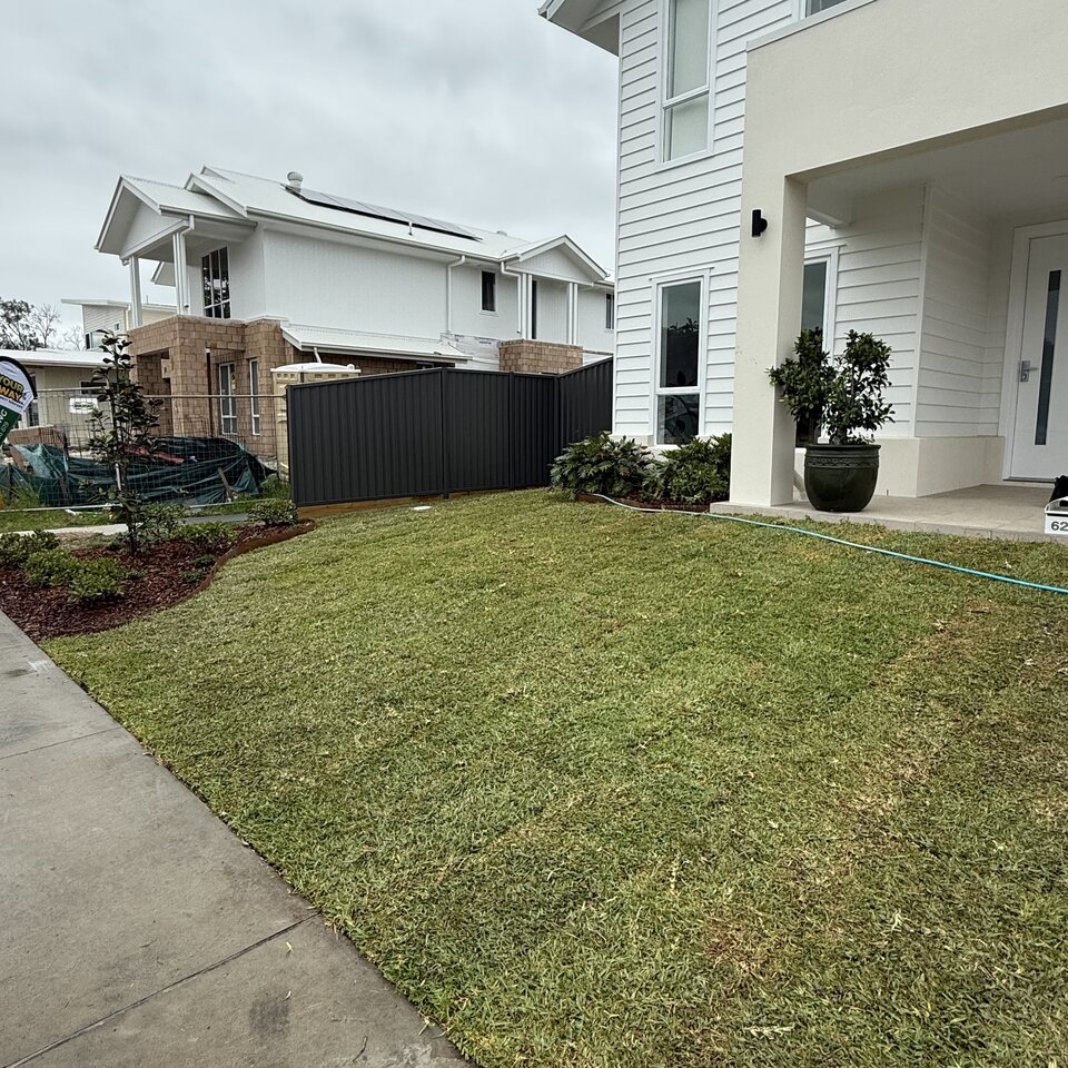 Freshly laid front lawn beside a new white home
